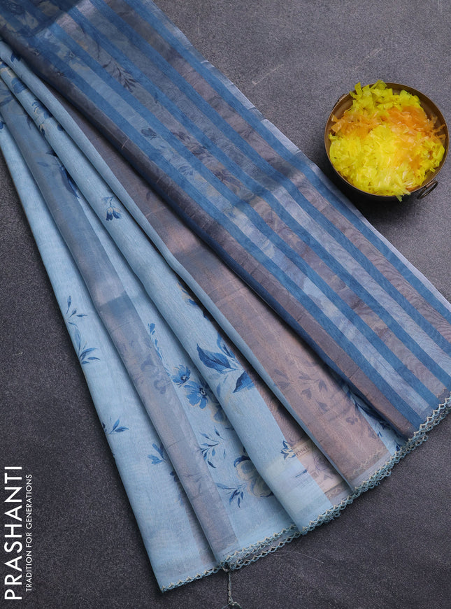 Organza tissue tussar saree light blue with floral prints and lace work border
