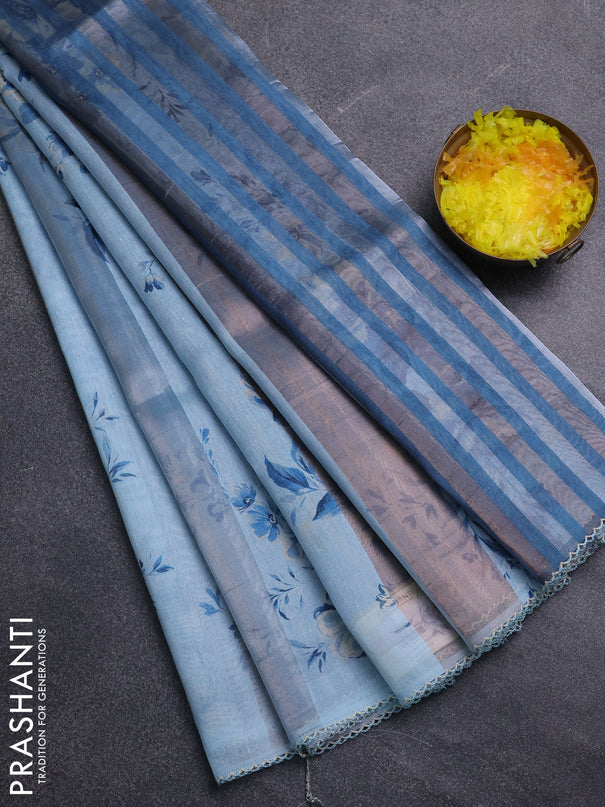 Organza tissue tussar saree light blue with floral prints and lace work border