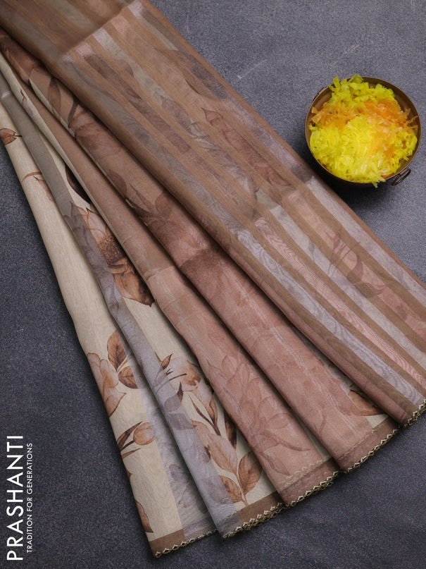 Organza tissue tussar saree sandal with floral prints and lace work border
