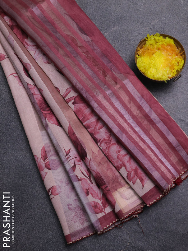Organza tissue tussar saree peach shade with floral prints and lace work border