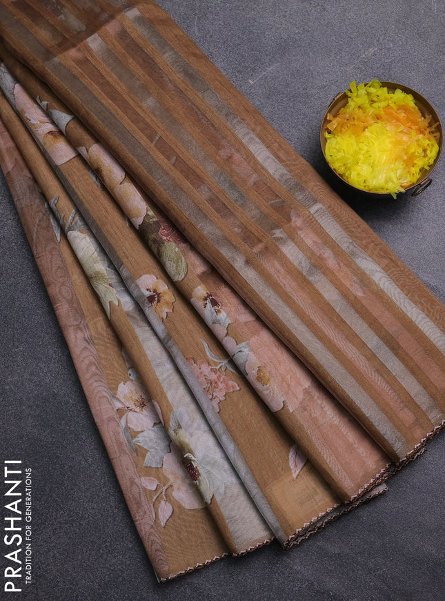 Organza tissue tussar saree mustard yellow with floral prints and lace work border