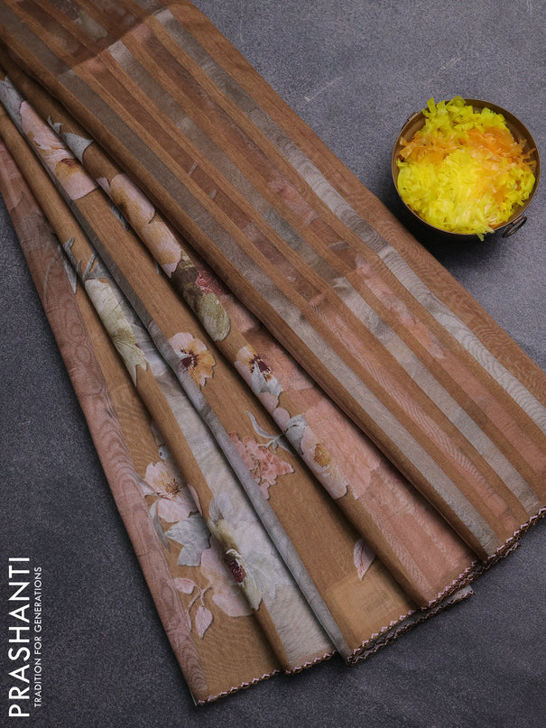 Organza tissue tussar saree mustard yellow with floral prints and lace work border