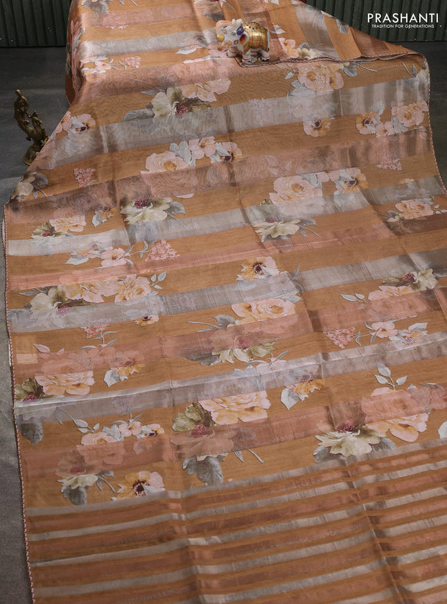 Organza tissue tussar saree mustard yellow with floral prints and lace work border