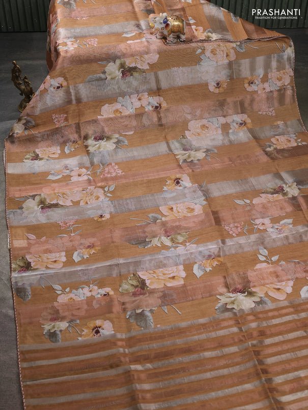 Organza tissue tussar saree mustard yellow with floral prints and lace work border
