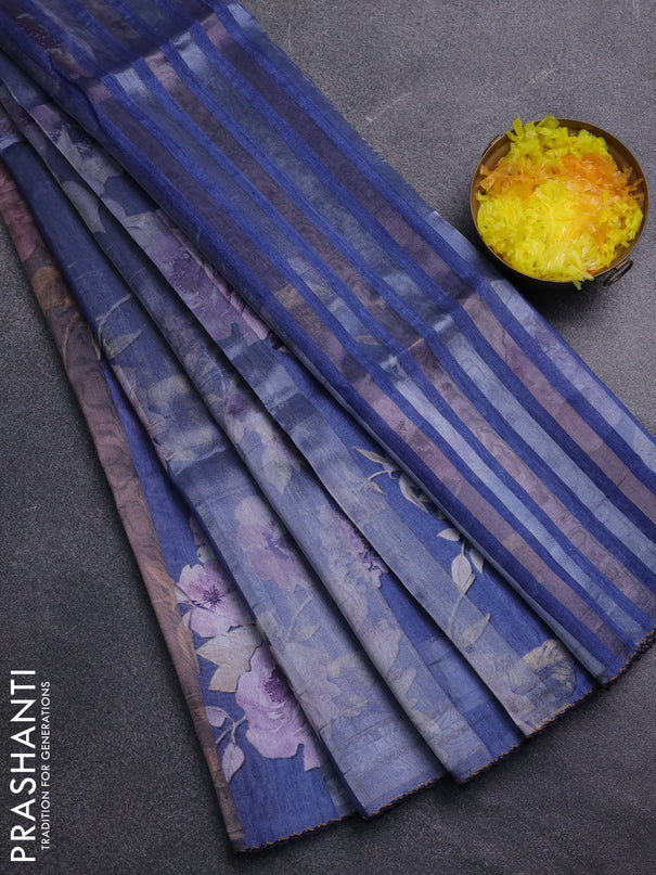 Organza tissue tussar saree blue with floral prints and lace work border