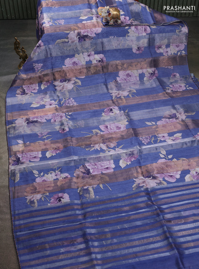Organza tissue tussar saree blue with floral prints and lace work border