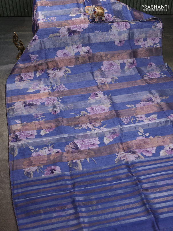 Organza tissue tussar saree blue with floral prints and lace work border