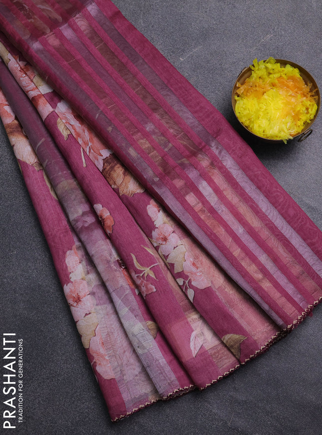 Organza tissue tussar saree mauve pink with floral prints and lace work border
