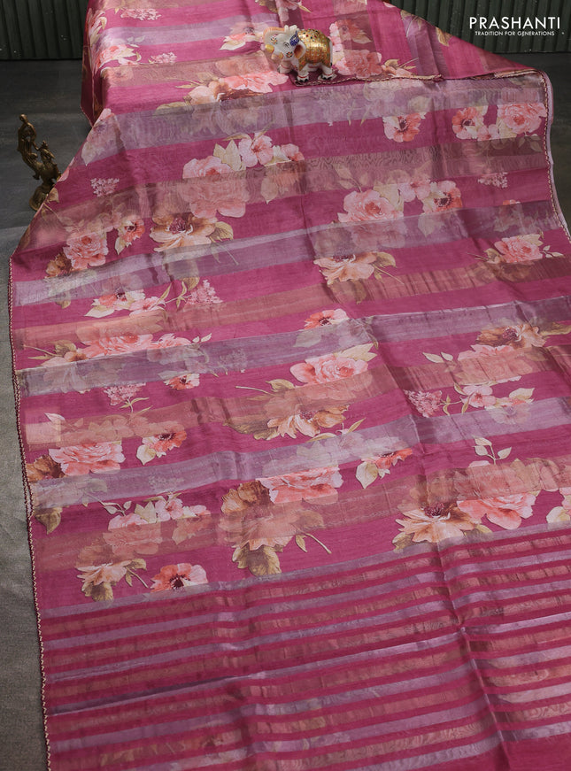 Organza tissue tussar saree mauve pink with floral prints and lace work border