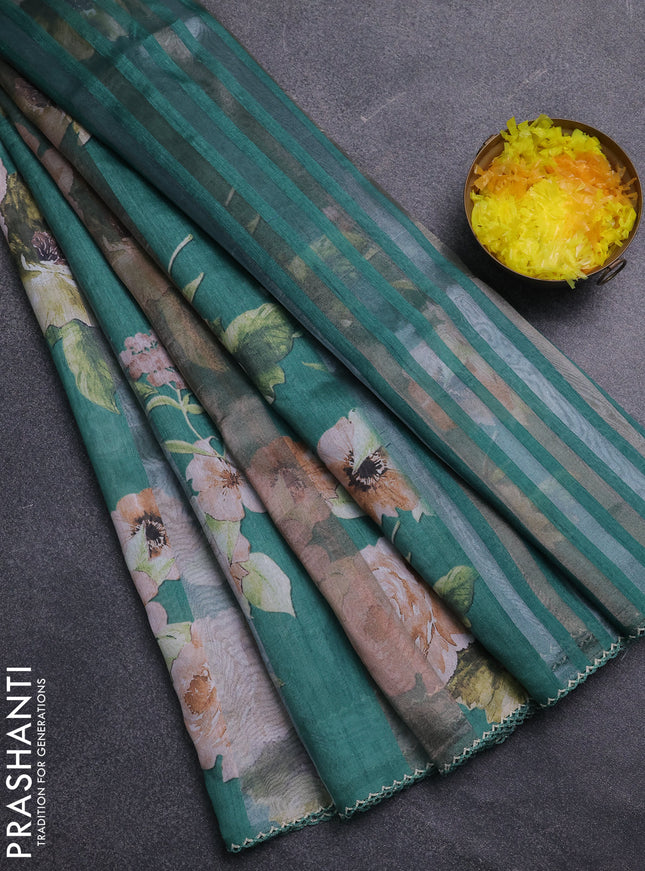 Organza tissue tussar saree green with floral prints and lace work border