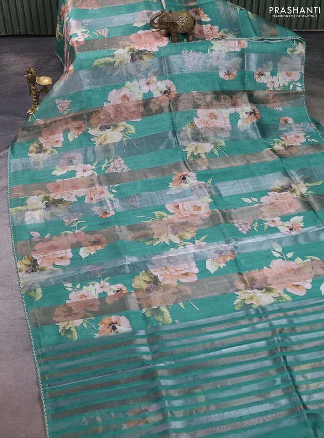 Organza tissue tussar saree green with floral prints and lace work border