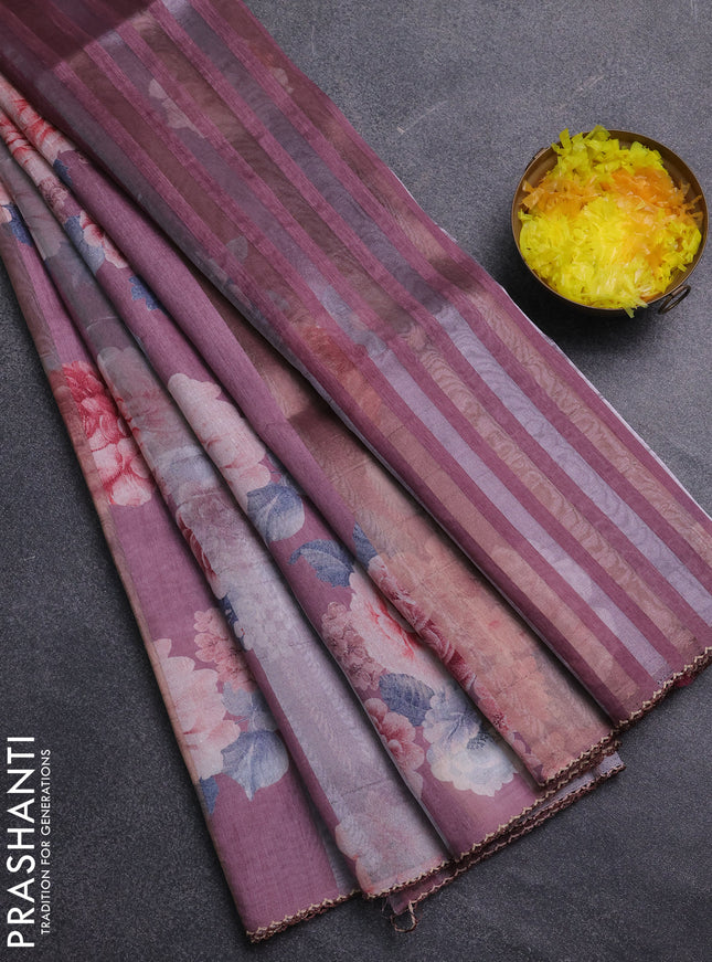 Organza tissue tussar saree mauve pink with floral prints and lace work border