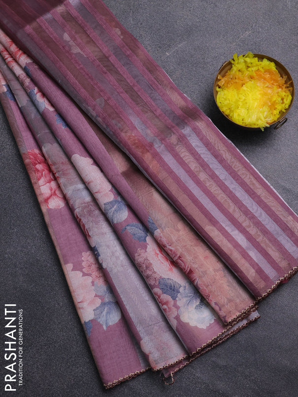 Organza tissue tussar saree mauve pink with floral prints and lace work border