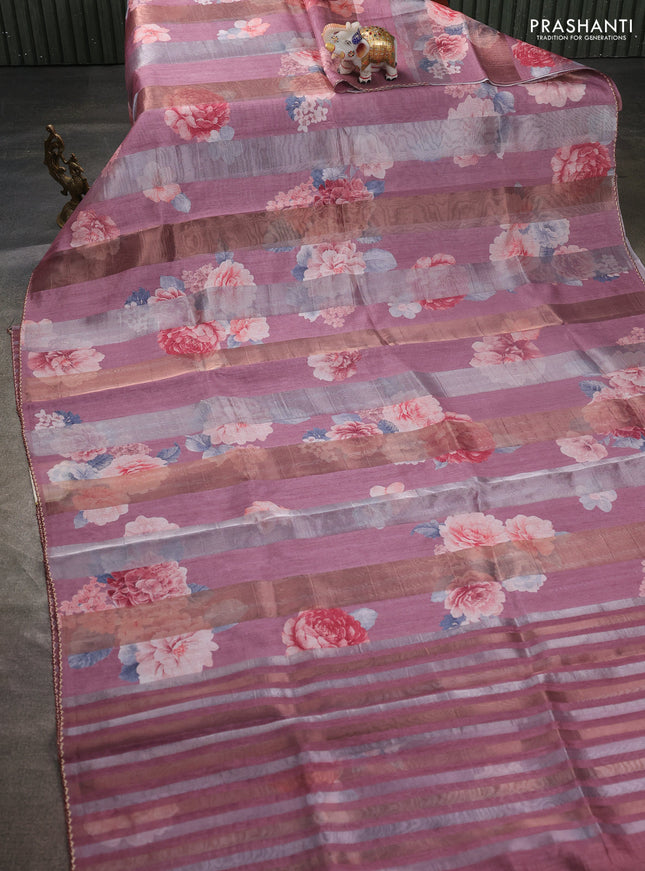 Organza tissue tussar saree mauve pink with floral prints and lace work border