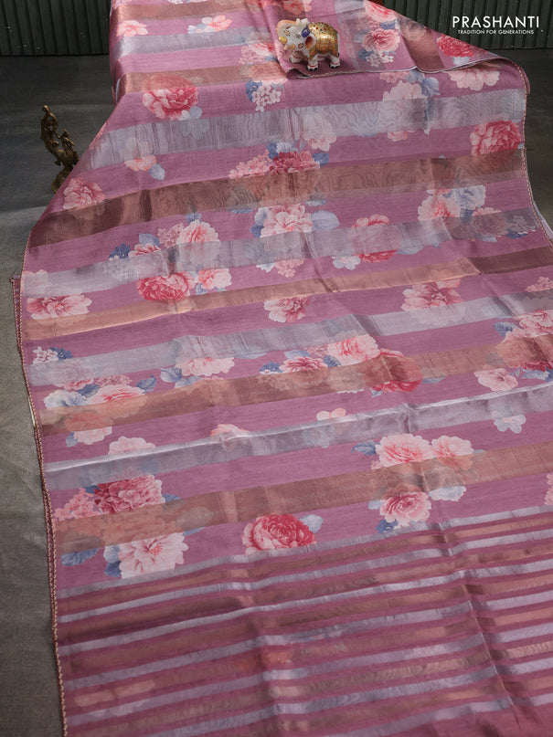 Organza tissue tussar saree mauve pink with floral prints and lace work border