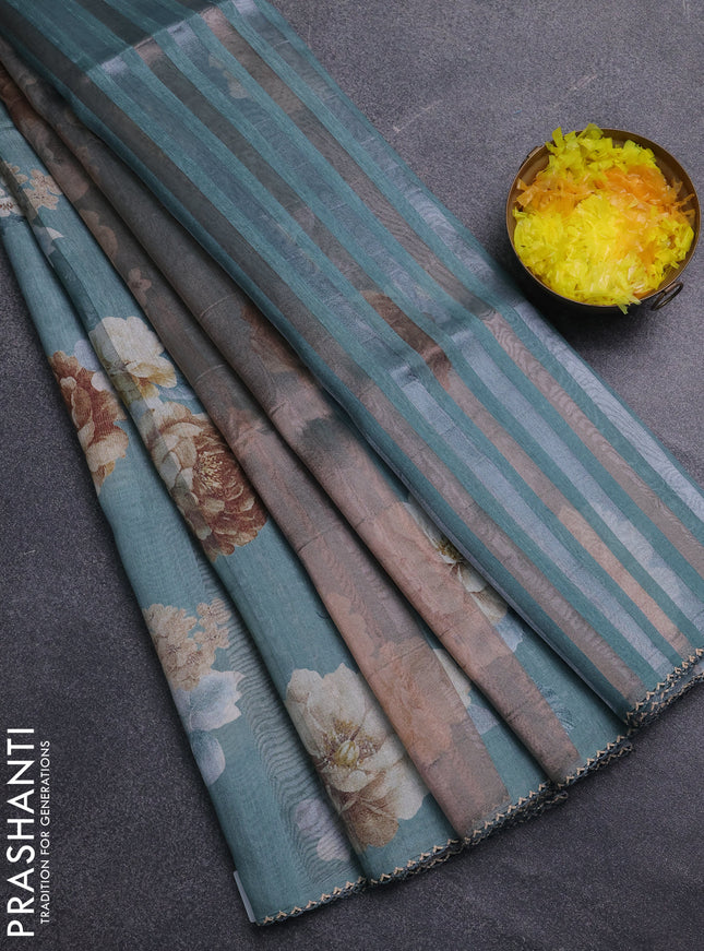 Organza tissue tussar saree pastel green with floral prints and lace work border
