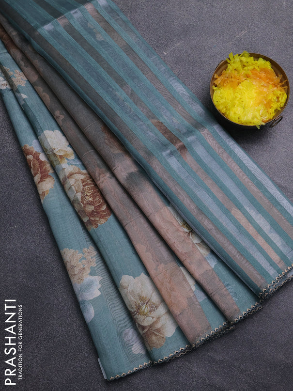 Organza tissue tussar saree pastel green with floral prints and lace work border