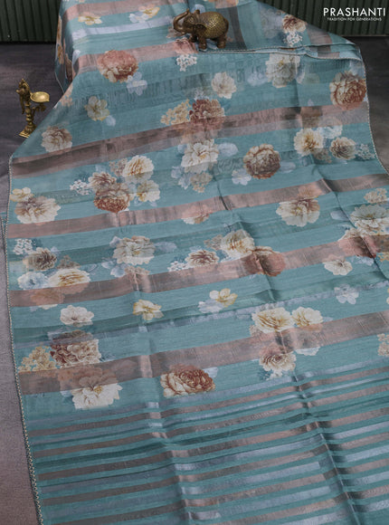 Organza tissue tussar saree pastel green with floral prints and lace work border