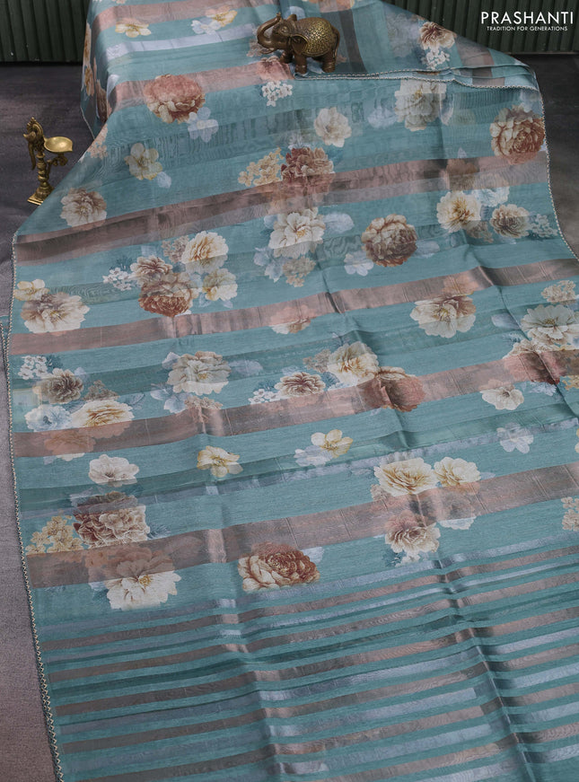 Organza tissue tussar saree pastel green with floral prints and lace work border