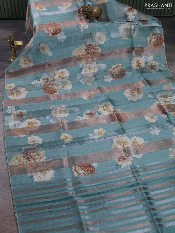 Organza tissue tussar saree pastel green with floral prints and lace work border