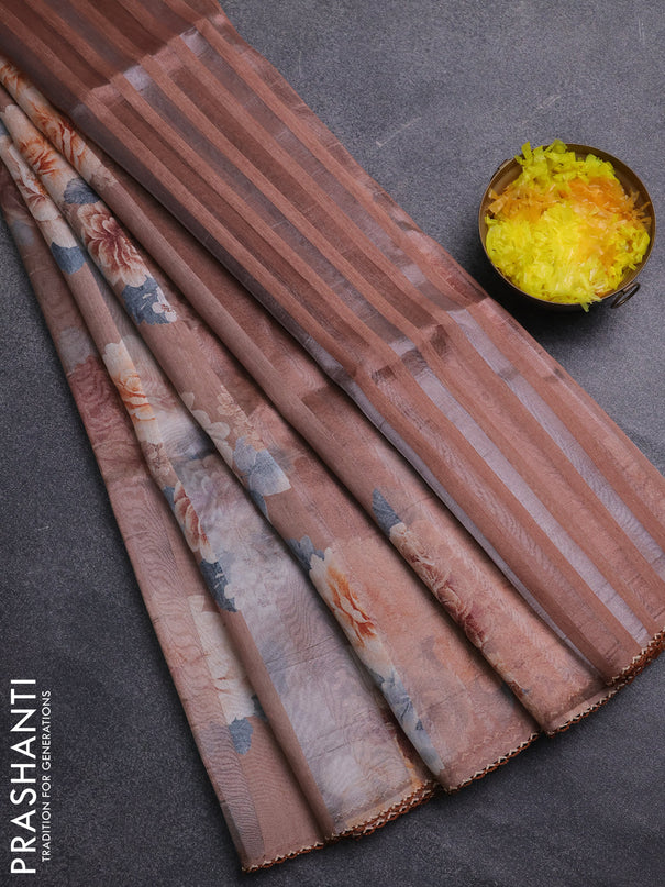 Organza tissue tussar saree rust shade with floral prints and lace work border