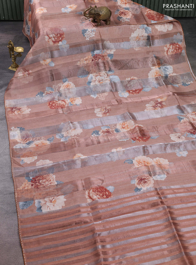 Organza tissue tussar saree rust shade with floral prints and lace work border