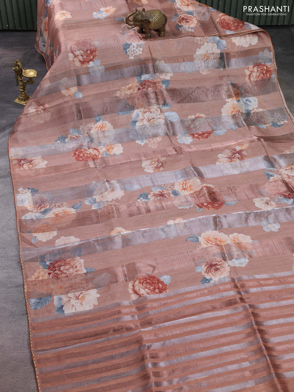 Organza tissue tussar saree rust shade with floral prints and lace work border