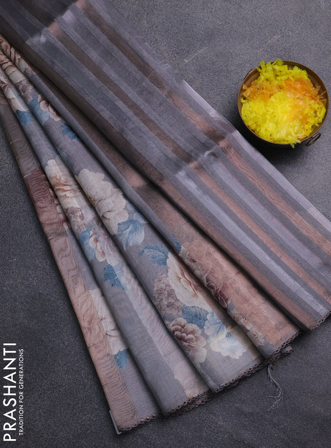 Organza tissue tussar saree grey with floral prints and lace work border