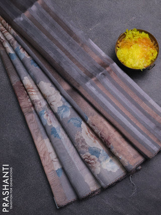 Organza tissue tussar saree grey with floral prints and lace work border