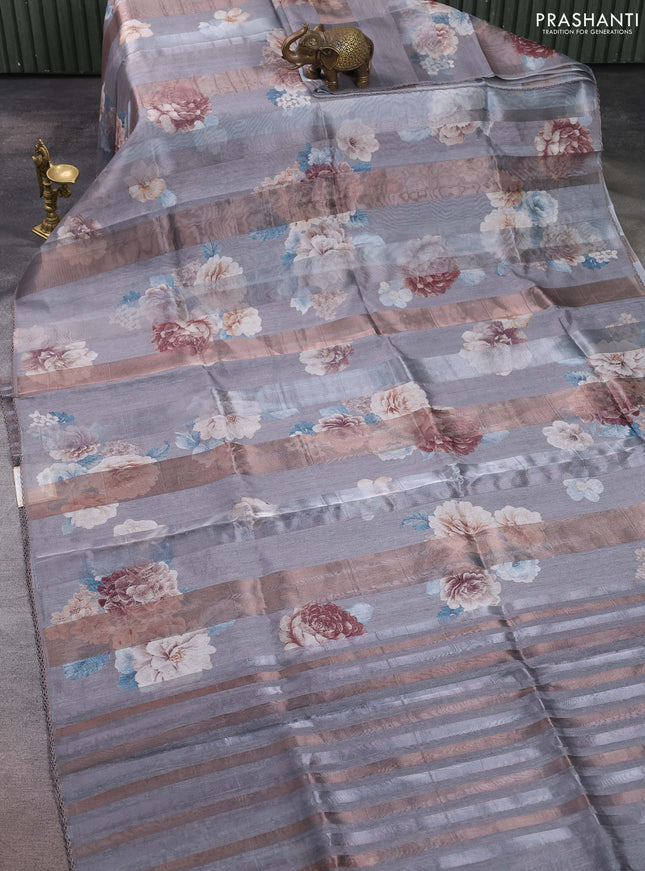 Organza tissue tussar saree grey with floral prints and lace work border