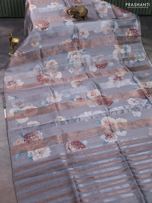 Organza tissue tussar saree grey with floral prints and lace work border