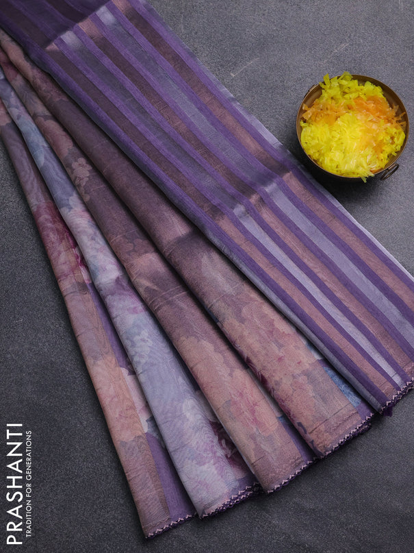 Organza tissue tussar saree lavender with floral prints and lace work border