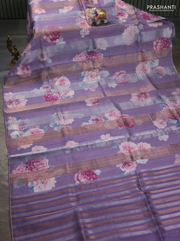 Organza tissue tussar saree lavender with floral prints and lace work border
