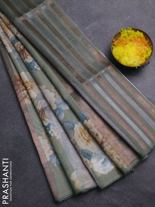 Organza tissue tussar saree pista green with floral prints and lace work border