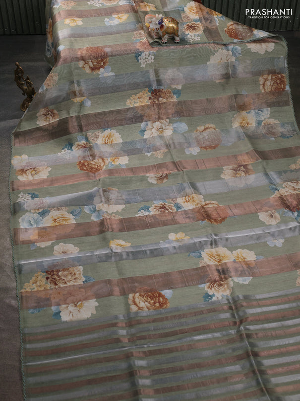 Organza tissue tussar saree pista green with floral prints and lace work border