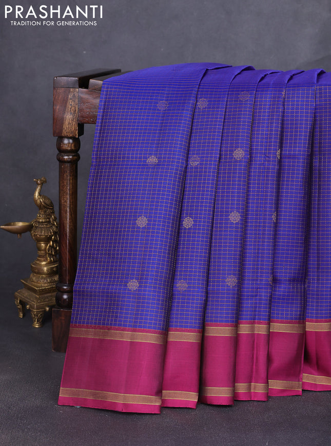 Pure soft silk saree blue and magenta pink with allover zari checks & buttas and rettapet zari woven border