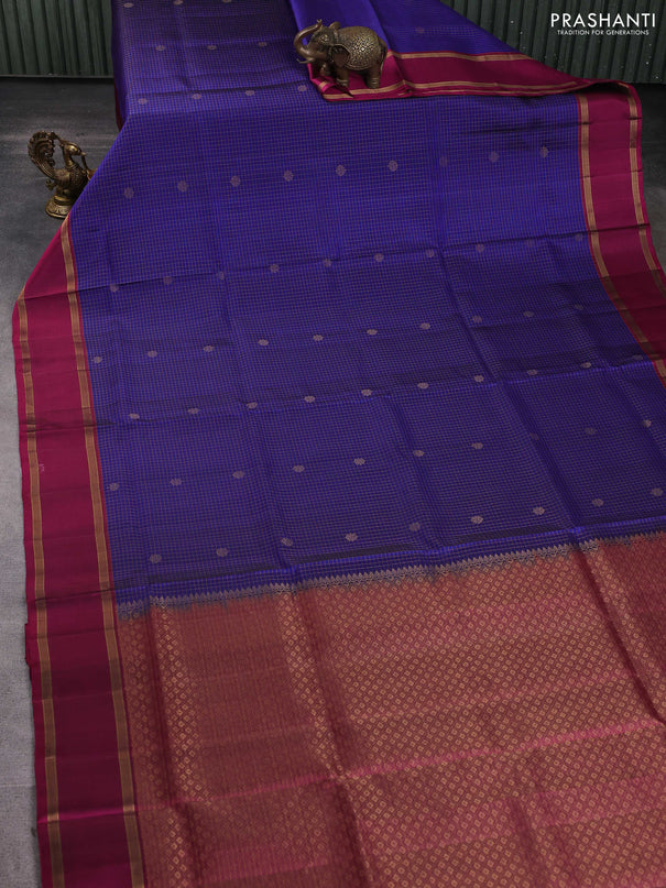 Pure soft silk saree blue and magenta pink with allover zari checks & buttas and rettapet zari woven border