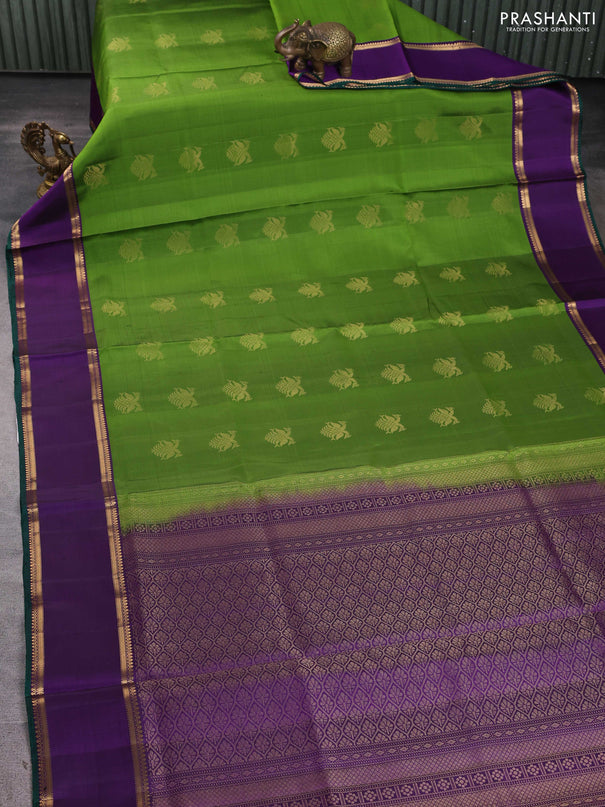 Pure soft silk saree green and violet with zari woven buttas and rettapet zari woven border
