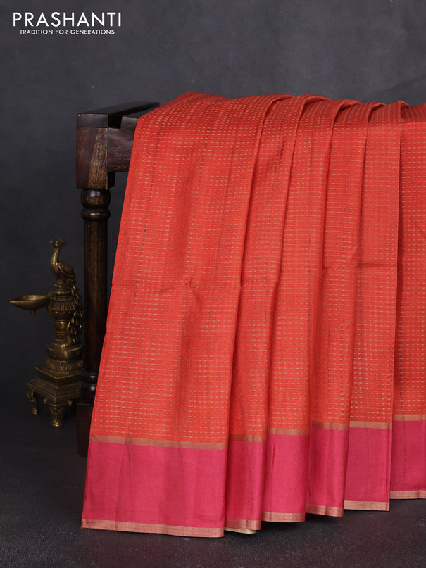 Semi tussar saree orange and pink with allover zari weaves and rettapet zari woven border