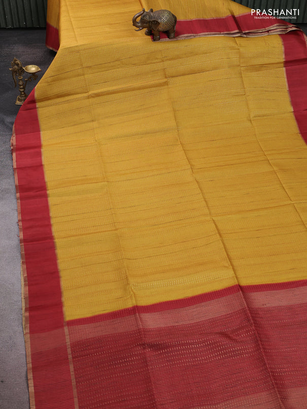 Semi tussar saree yellow and maroon with allover zari weaves and rettapet zari woven border
