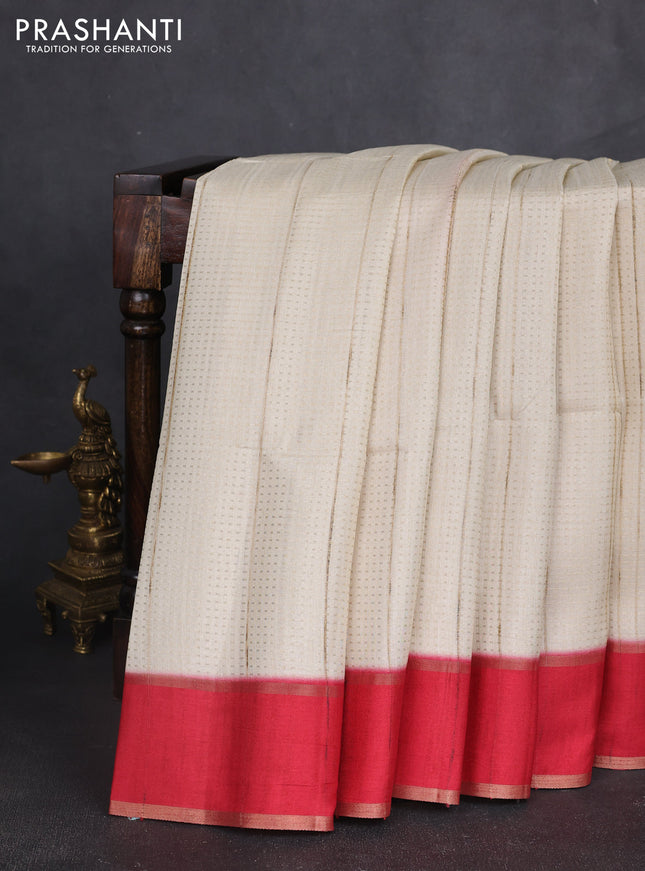 Semi tussar saree off white and maroon with allover zari weaves and rettapet zari woven border
