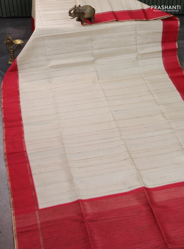 Semi tussar saree off white and maroon with allover zari weaves and rettapet zari woven border