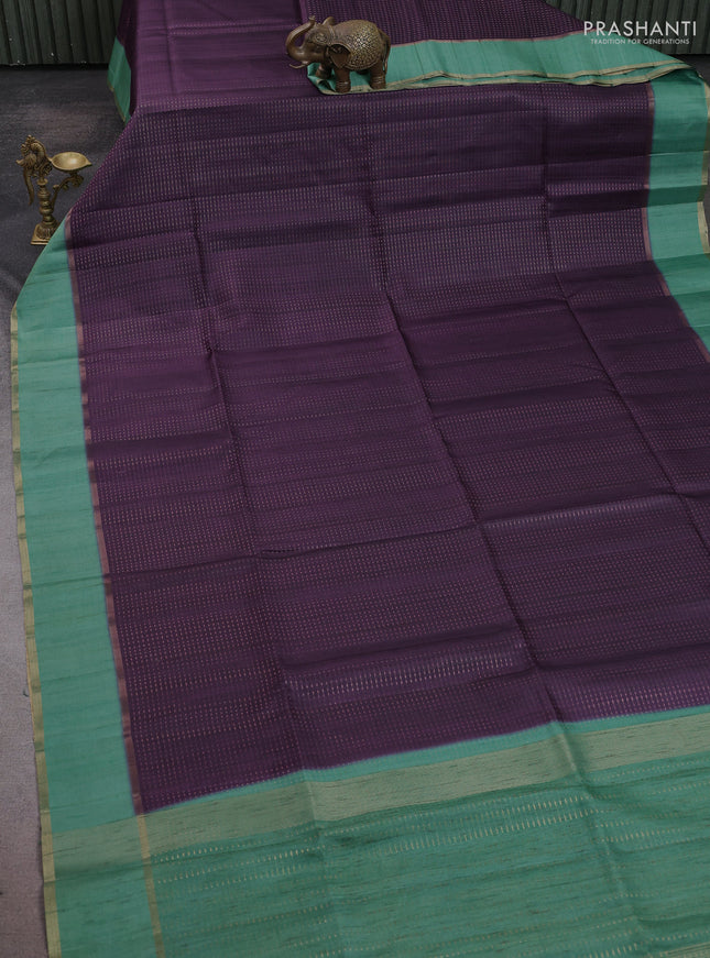 Semi tussar saree deep purple and teal green with allover zari weaves and rettapet zari woven border