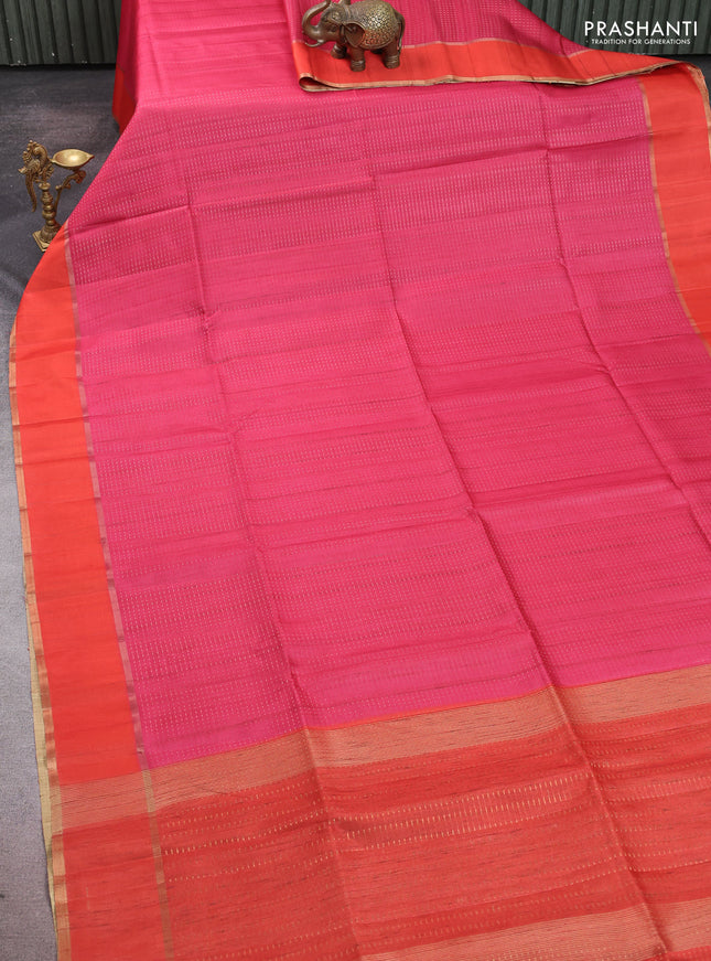 Semi tussar saree pink and orange with allover zari weaves and rettapet zari woven border