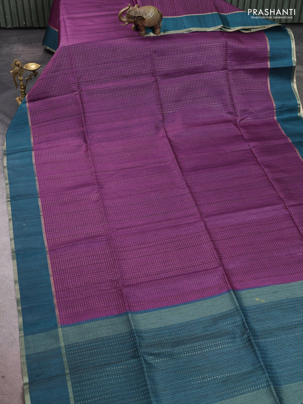 Semi tussar saree purple and peacock green with allover zari weaves and rettapet zari woven border