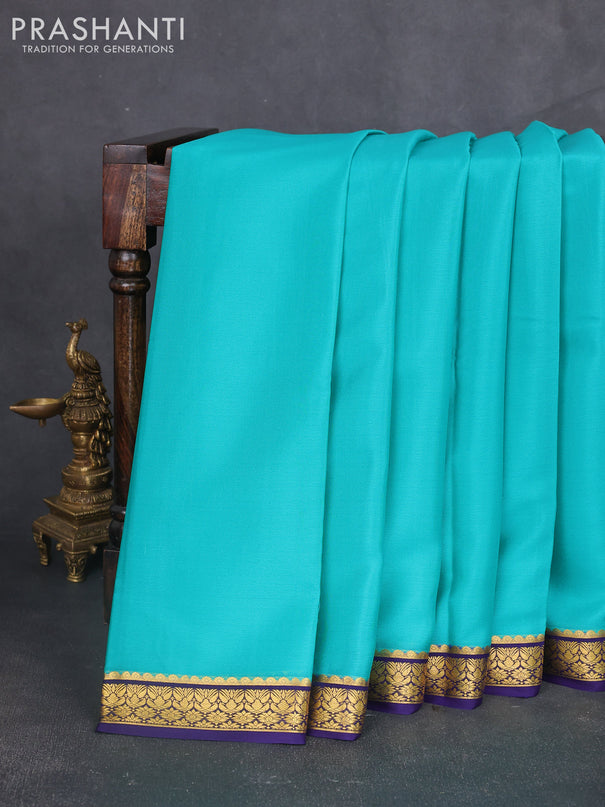 Pure mysore silk saree teal blue and violet shade with plain body and zari woven border