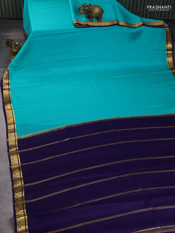 Pure mysore silk saree teal blue and violet shade with plain body and zari woven border
