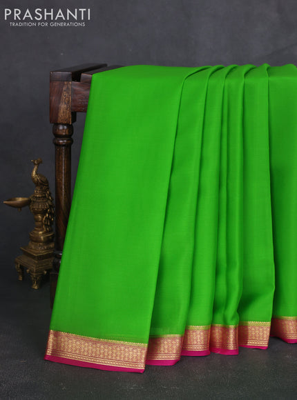 Pure mysore silk saree parrot green and pink with plain body and zari woven border