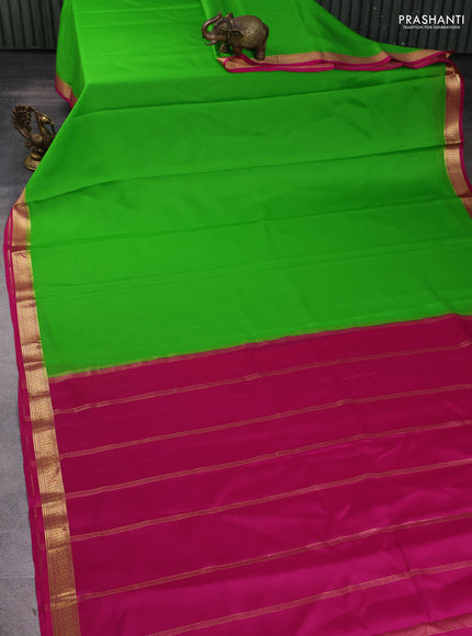 Pure mysore silk saree parrot green and pink with plain body and zari woven border