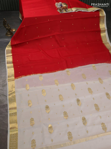 Pure mysore silk saree red and off white with zari woven buttas and zari woven border